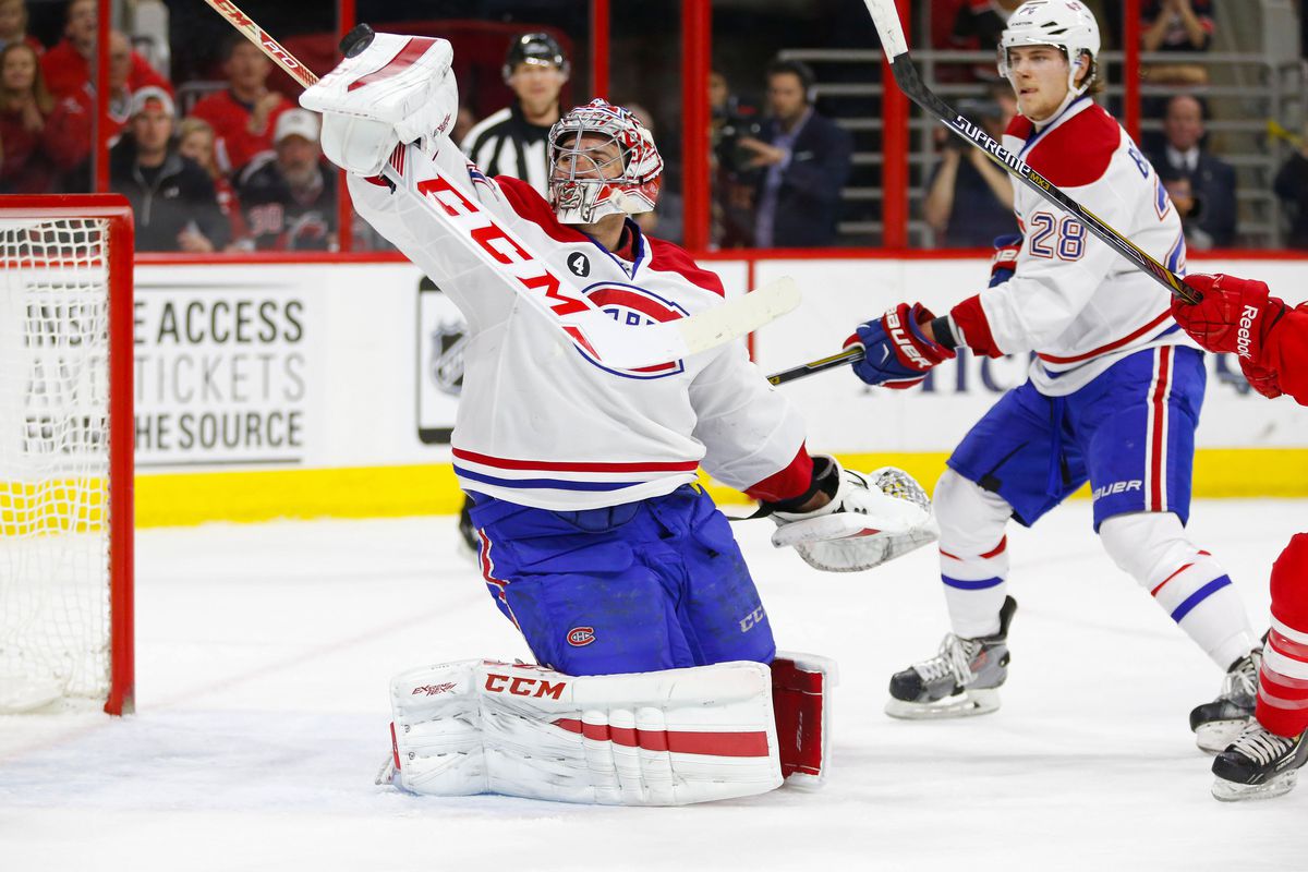 Dec 29, 2014; Raleigh, NC, USA; Montreal Canadiens goalie Carey Price (31) reaches to make save during the 2nd period against the Carolina Hurricanes 