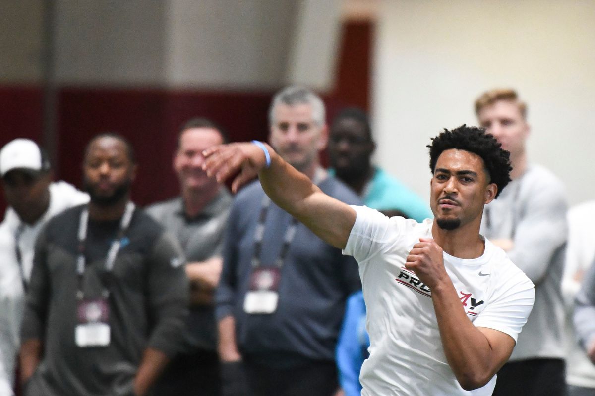 Quarterback Bryce Young throws during Pro Day at Hank Crisp Indoor Practice Facility on the campus of the University of Alabama. Mandatory Credit: Gary Cosby Jr.-Tuscaloosa News Ncaa Football University Of Alabama Pro Day