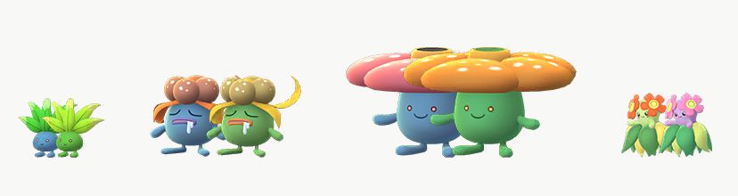 Oddish, Gloom, Vileplume, and Bellossom stand next to their Shiny forms