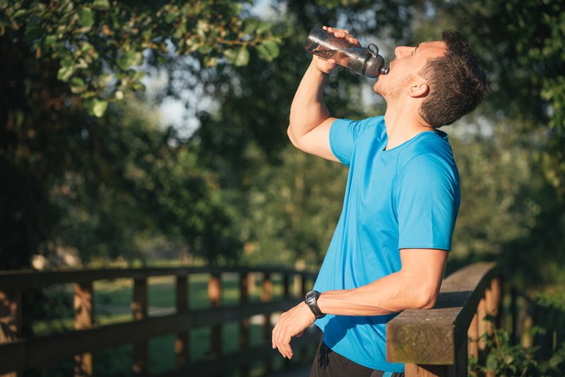 You should drink at least 8 ounces of water per 15 minutes of exercise. And if you’re exercising outside and sweating a ton, drink even more.