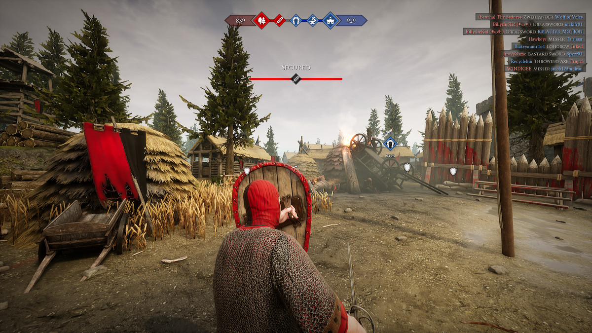 A man with a shield drawn rushes into battle in Mordhau