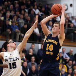 Glenbrook South’s Will King (14) shoots over Evanston’s Blake Peters (15) in their 68-60 loss in Skokie Tuesday, March 5, 2019. | Kevin Tanaka/For the Sun Times
