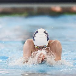 Hunter’s swimmer swims in men’s 200-yard medley relay at the 6A Swimming State Championships at Brigham Young University in Provo on Saturday, Feb. 19, 2022.