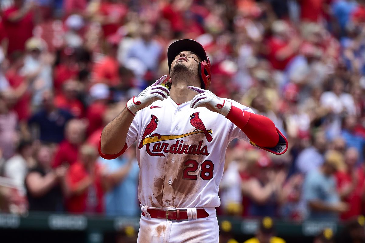 St. Louis Cardinals third baseman Nolan Arenado (28) reacts after hitting a two run home run against the San Diego Padres during the sixth inning at Busch Stadium.&nbsp;