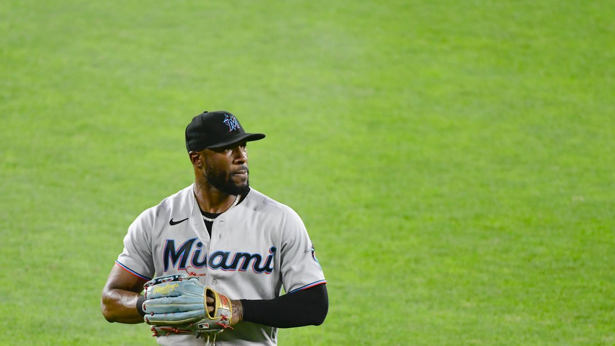 Miami Marlins center fielder Starling Marte (6) stands in the outfield during the sixth inning against the Baltimore Orioles at Oriole Park at Camden Yards.