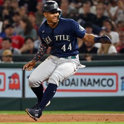ANAHEIM, CA - SEPTEMBER 16: Seattle Mariners center fielder Julio Rodriguez (44) leads off first base in the fifth inning of an MLB baseball game against the Los Angeles Angels played on September 16, 2022 at Angel Stadium in Anaheim, CA.