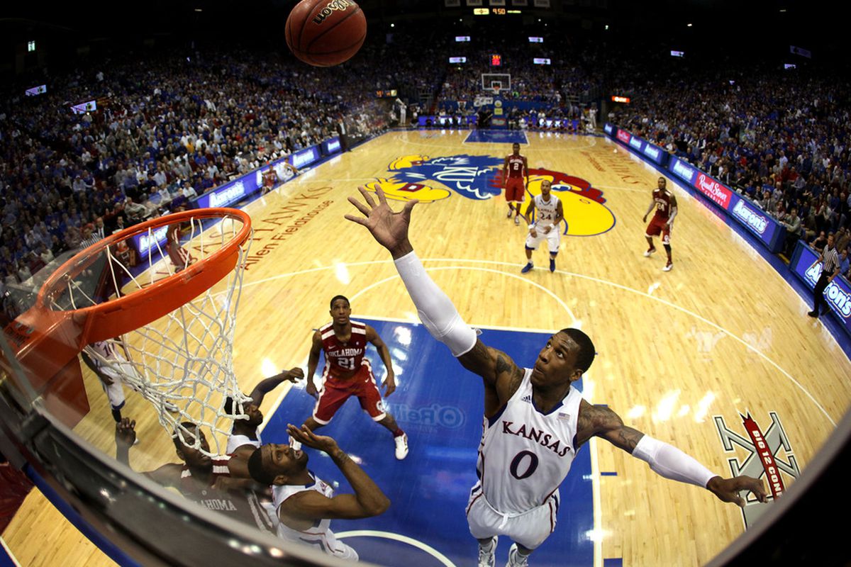 LAWRENCE, KS - FEBRUARY 01:  Thomas Robinson #0 of the Kansas Jayhawks grabs a rebound during the game against the Oklahoma Sooners on February 1, 2012 at Allen Fieldhouse in Lawrence, Kansas.  (Photo by Jamie Squire/Getty Images)