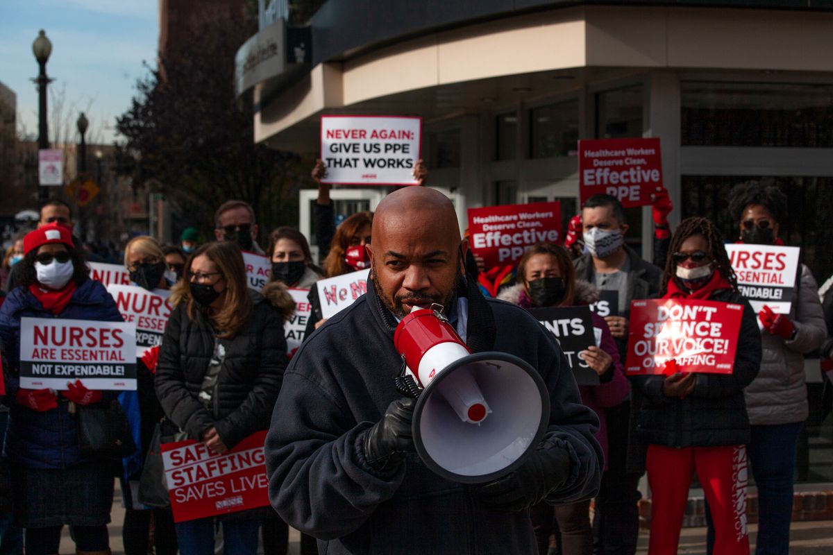State Assembly Speaker Carl Heastie speaks at a nurses rally at Montefiore Medical Center in The Bronx, Nov. 19, 2020.