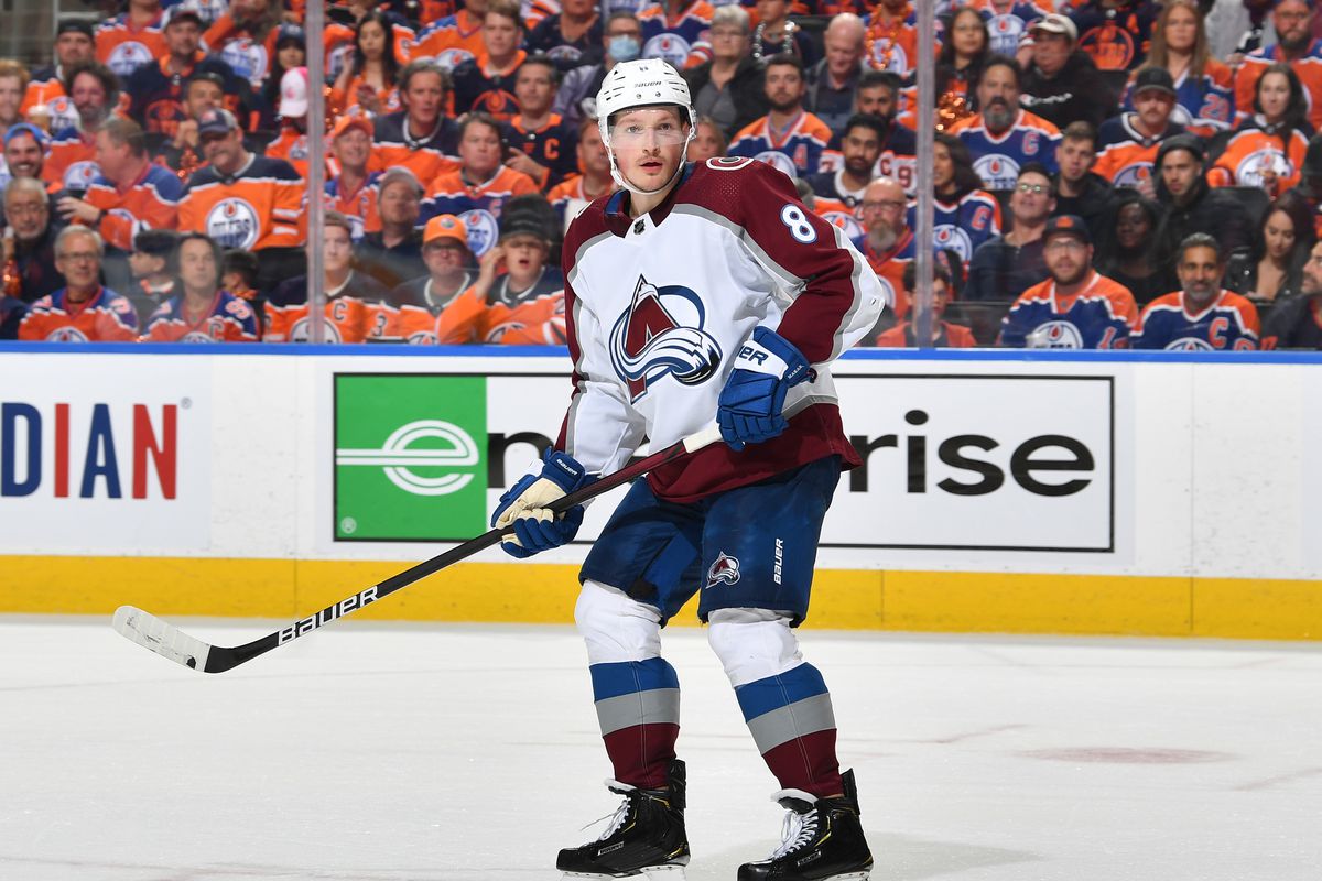 Cale Makar #8 of the Colorado Avalanche skates during Game Four of the Western Conference Final of the 2022 Stanley Cup Playoffs against the Edmonton Oilers on June 6, 2022 at Rogers Place in Edmonton, Alberta, Canada.