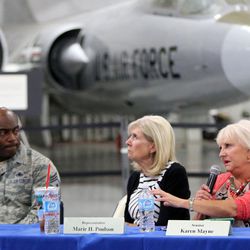 Sen. Karen Mayne, D-West Valley City, asks a question during the Utah Legislature's Veterans and Military Affairs Commission meeting at the Hill Aerospace Museum at Hill Air Force Base on Tuesday, Aug. 22, 2017.