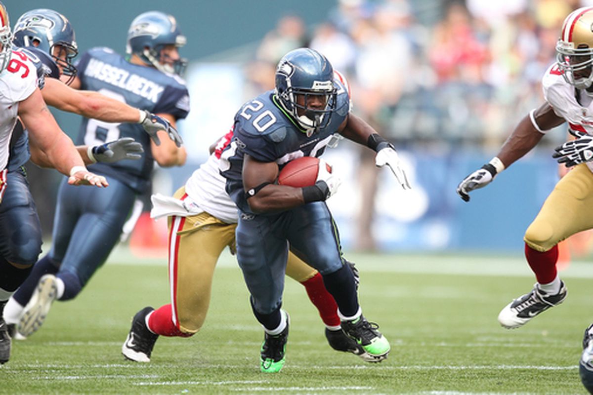SEATTLE - SEPTEMBER 12:  Running back Justin Forsett #20 of the Seattle Seahawks rushes during the NFL season opener against the San Francisco 49ers at Qwest Field on September 12 2010 in Seattle Washington. (Photo by Otto Greule Jr/Getty Images)