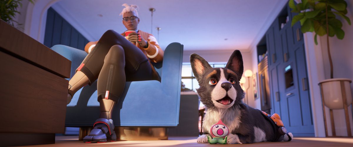 Sojourn sits on her couch while Murphy the dog looks up from her Pachimari squeaky toy in a still from the Overwatch 2 animated short “Calling.”