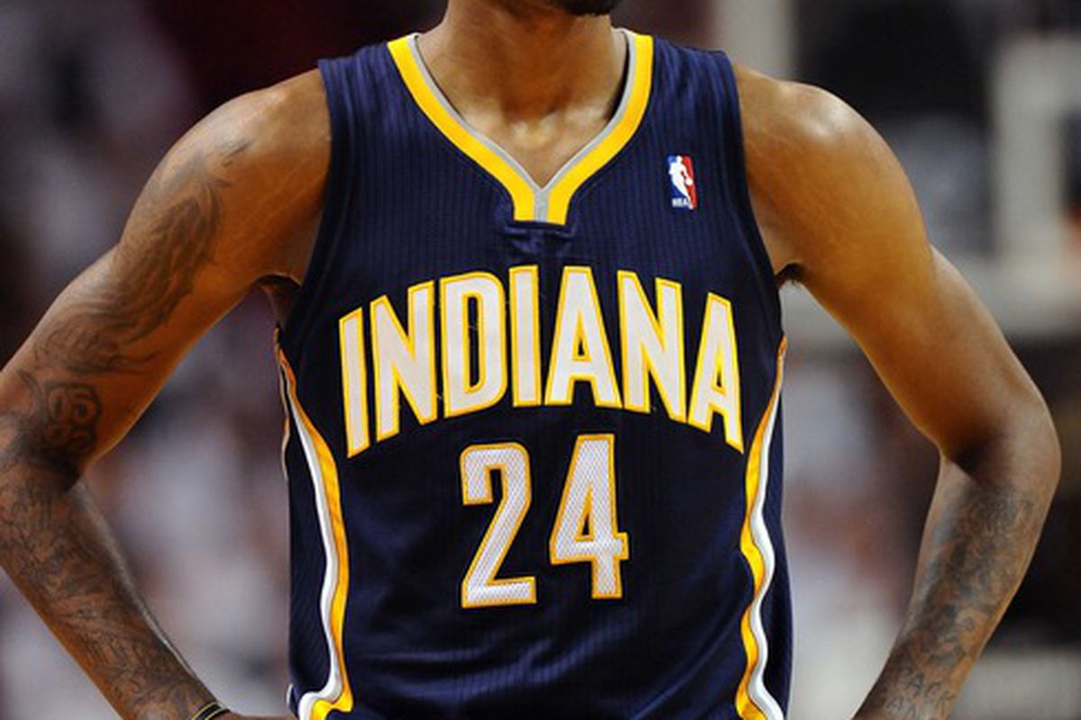 May 22, 2012; Miami, FL, USA; Indiana Pacers shooting guard Paul George (24) during game 5 of the 2012 NBA eastern conference semi-finals against the Miami Heat at the American Airlines Arena. Mandatory Credit: Steve Mitchell-US PRESSWIRE