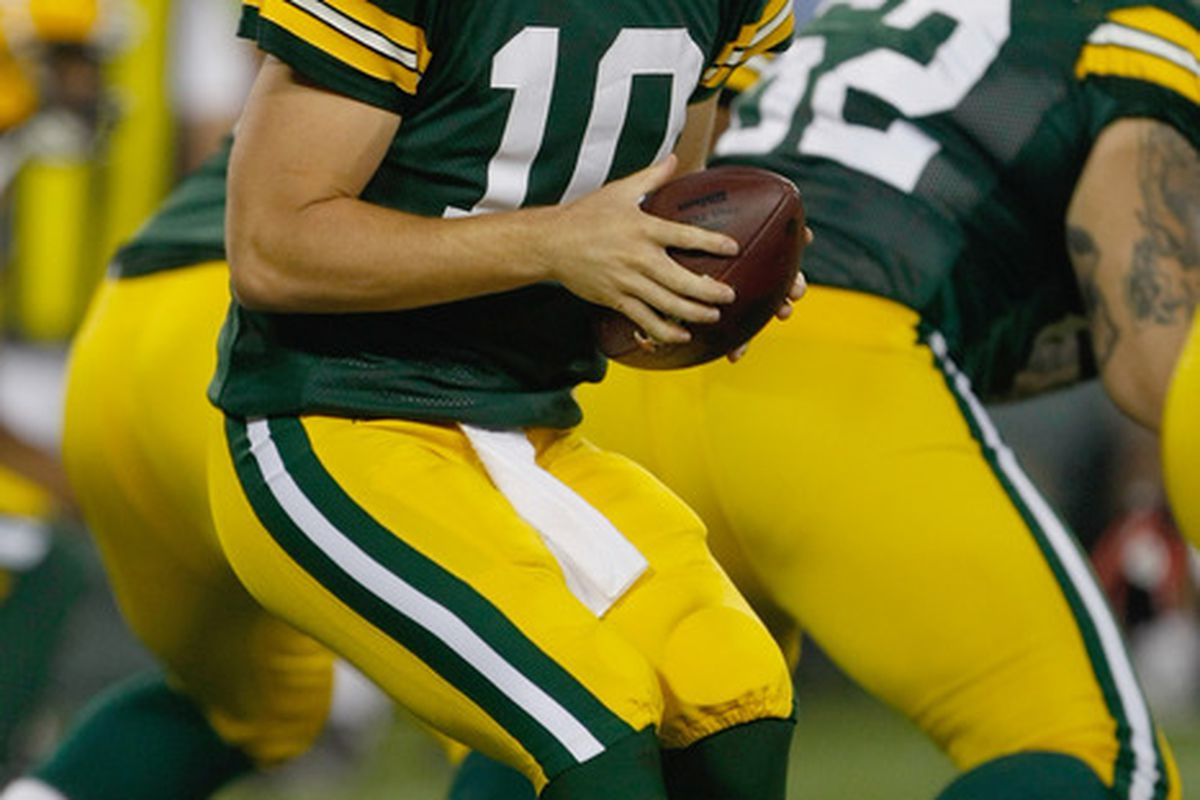 GREEN BAY, WI - SEPTEMBER 1:  Matt Flynn #10 of the Green Bay Packers drops back during a preseason game against the Kansas City Chiefs at Lambeau Field on September 1, 2011 in Green Bay, Wisconsin. (Photo by Scott Boehm/Getty Images)