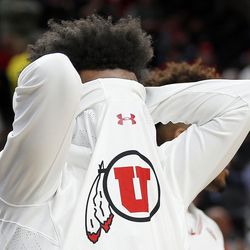 Utah Utes guard Kolbe Caldwell reacts at the end of the game against the Oregon Ducks during the Pac-12 basketball tournament in Las Vegas on Thursday, March 8, 2018.