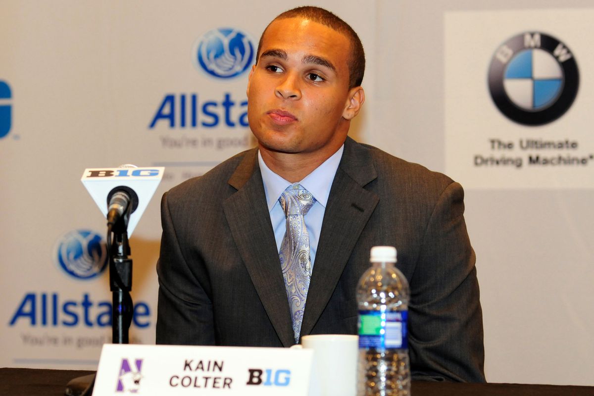 July 26, 2012; Chicago, IL, USA; Northwestern Wildcats quarterback Kain Colter talks to reporters during the Big Ten media day at the McCormick Place Convention Center. Mandatory Credit: Reid Compton-US PRESSWIRE
