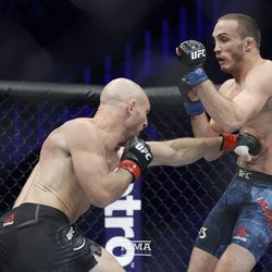 Ryan LaFlare lands a body shot at UFC 229 on Saturday night.