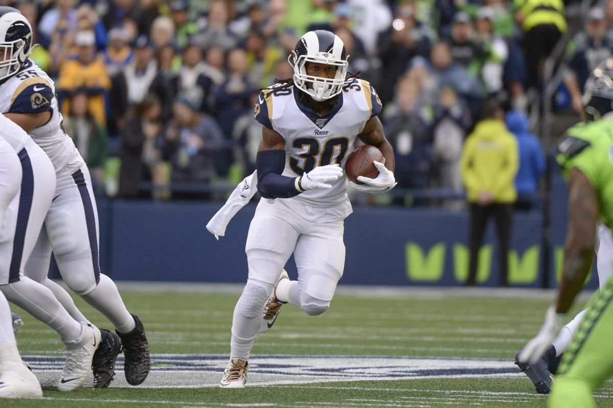 Los Angeles Rams RB Todd Gurley runs through a huge hole against the Seattle Seahawks in Week 5, Oct. 3, 2019.