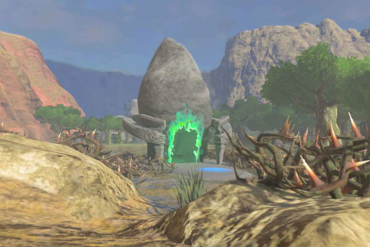 Turakawak Shrine in Zelda: Tears of the Kingdom. The shrine looks like a giant rock that has a portal that enters another room on it.