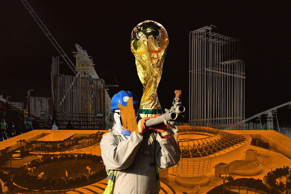 Photo collage of an oil worker, the soccer World Cup trophy, stadiums, and buildings.
