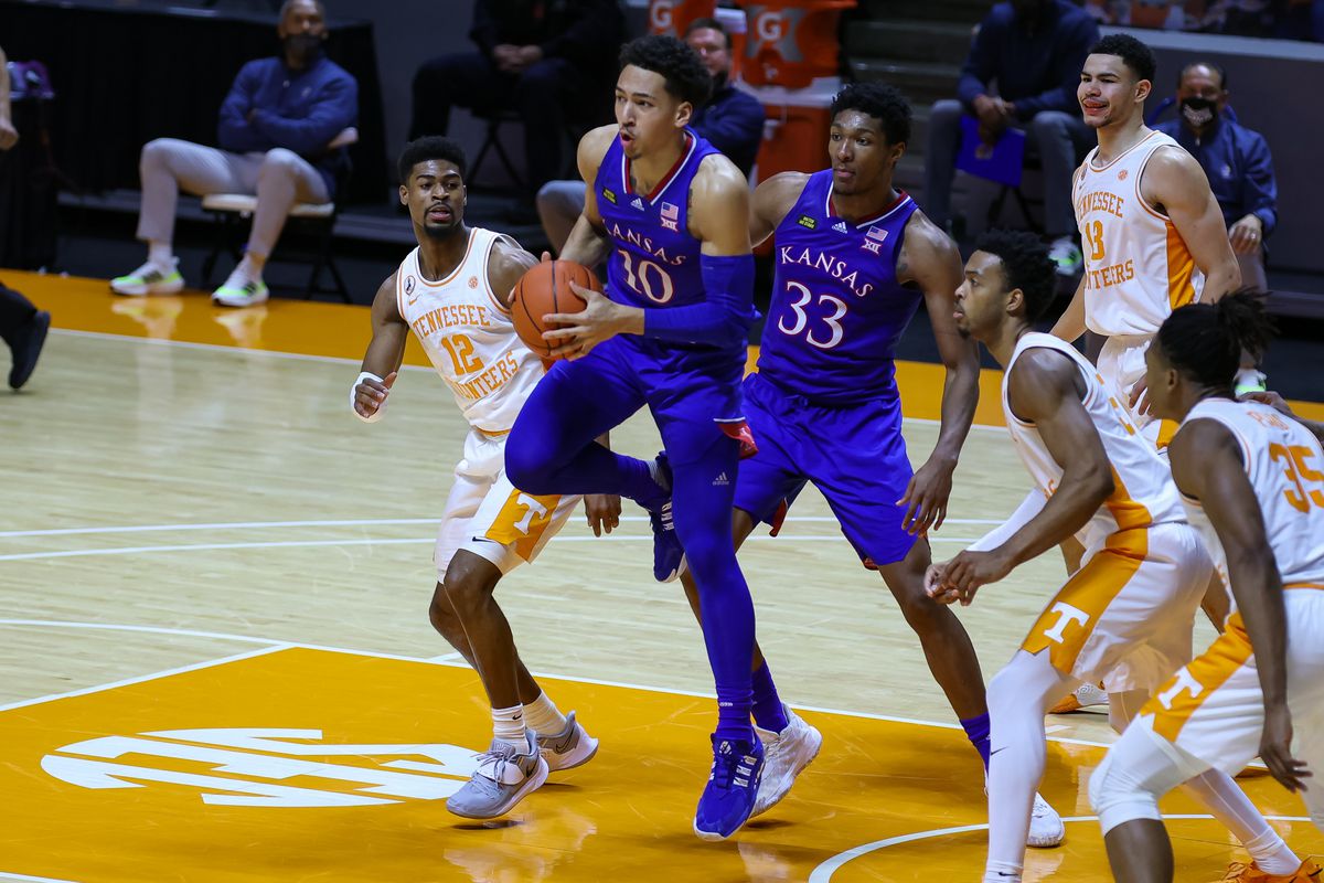 Kansas Jayhawks forward Jalen Wilson rebounds the ball against the Tennessee Volunteers during the second half at Thompson-Boling Arena.