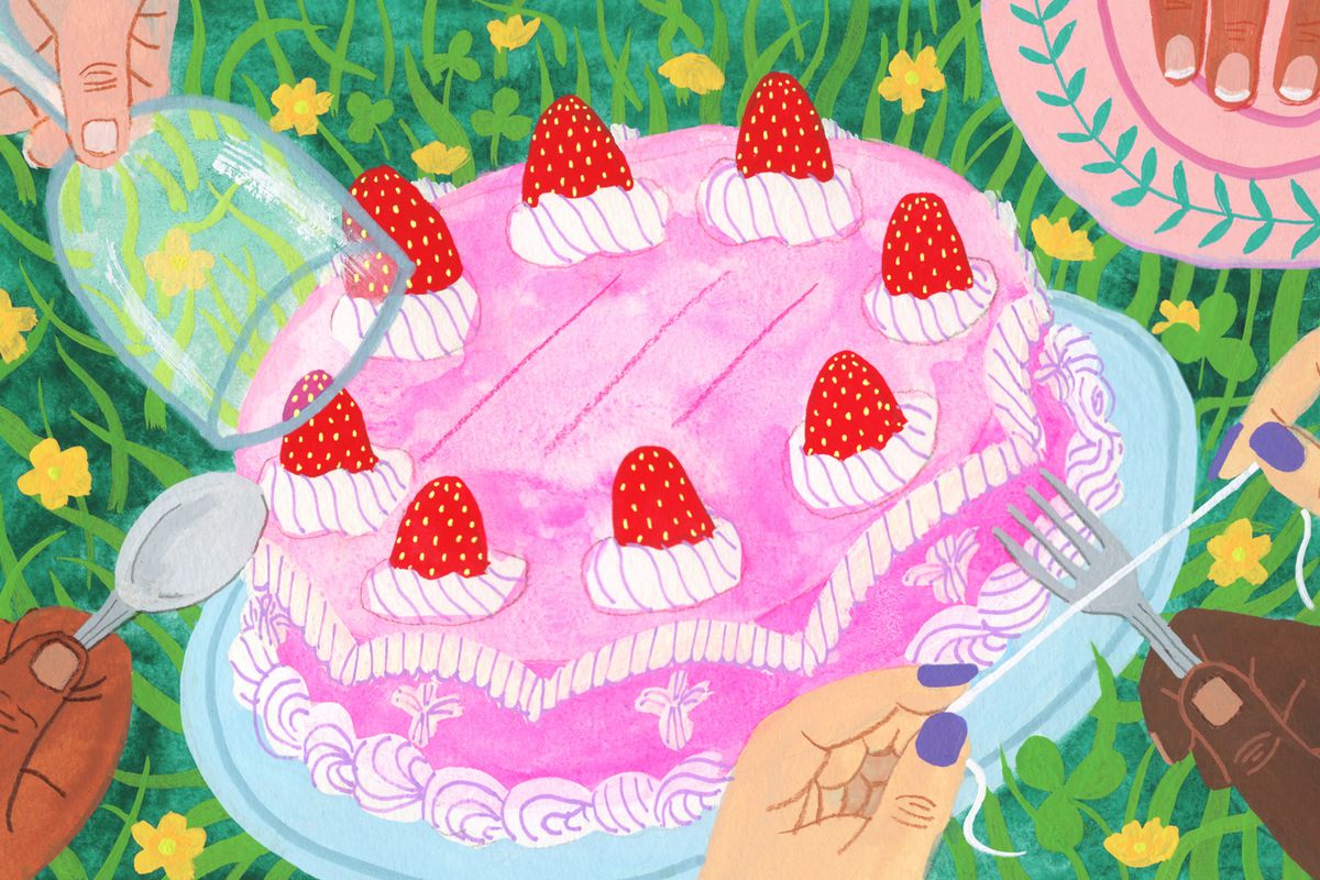Hands holding a fork, a spoon, dental floss, and a wine glass reach for a bright pink raspberry-topped cake that sits on the grass. Illustration.