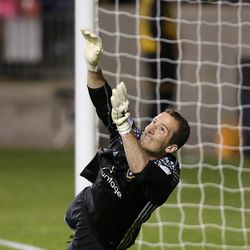 Real Salt Lake goalkeeper Jeff Attinella (24) blocks a penalty kick during a U.S. Open Cup game at Rio Tinto Stadium in Sandy on Tuesday, June 14, 2016.