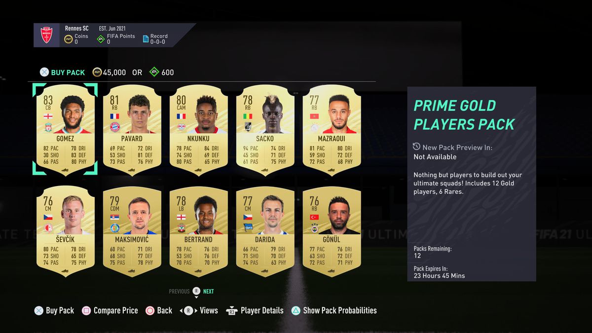 image showing all 10 items available in a Prime Gold Players Pack for FIFA Ultimate Team in FIFA 21