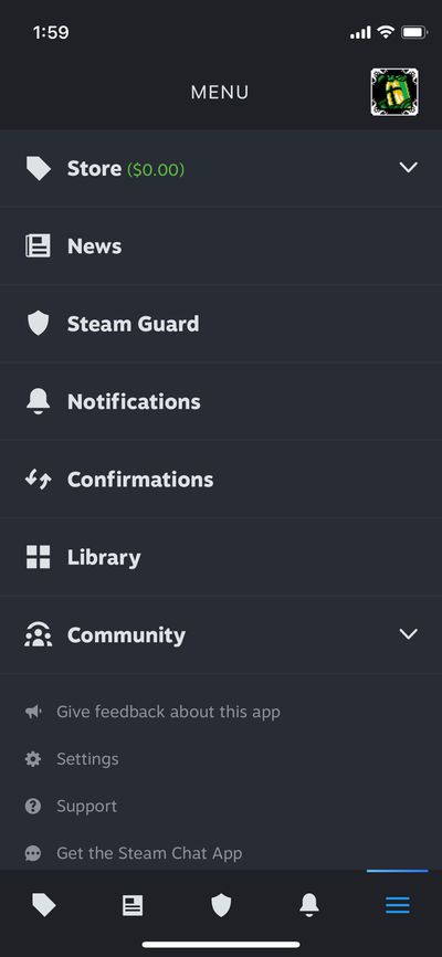 A list of some sub-menus in the new Steam app.