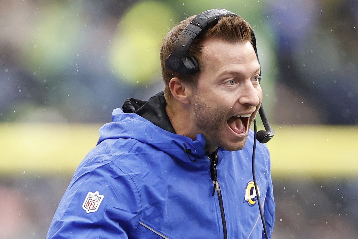 Head coach Sean McVay of the Los Angeles Rams reacts during the second quarter against the Seattle Seahawks at Lumen Field on January 08, 2023 in Seattle, Washington.