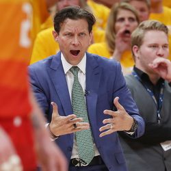 Utah Jazz head coach Quin Snyder shouts instructions during the NBA playoffs in Salt Lake City on Saturday, April 20, 2019. The Jazz lost 104-101.