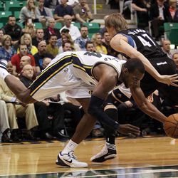 Paul Millsap of the Utah Jazz is fouled by Andrei Kirilenko of the Minnesota Timberwolves during NBA basketball in Salt Lake City, Friday, April 12, 2013. According to Comcast Sports Net, the Boston Celtics tried to trade for Millsap and/or Al Jefferson before the trade deadline.