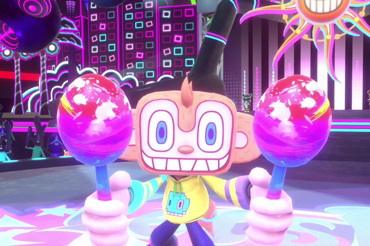 Amigo the monkey holds up a pair of maracas on a colorful stage in a screenshot from Samba de Amigo: Party Central