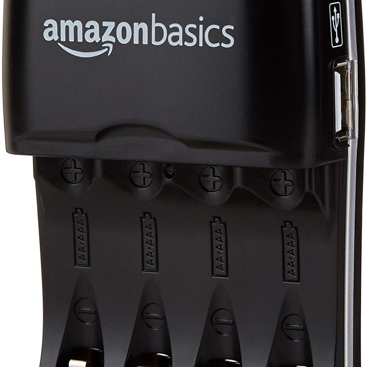A product shot of the Amazon Basics battery charger