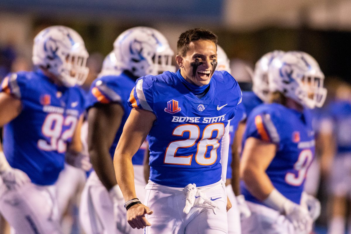 Boise State Broncos cornerback Kekaula Kaniho celebrates after a big play during a college football game between the UTEP Miners and the Boise State Broncos on September 10, 2021, at Albertsons Stadium in Boise, ID.