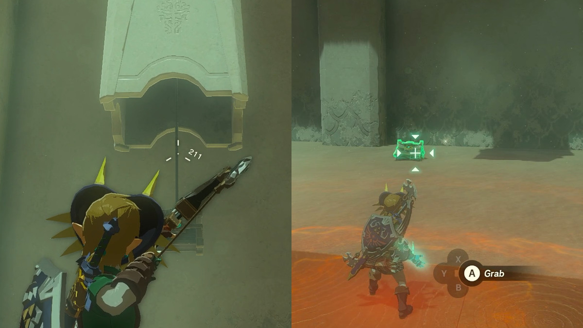Link shooting a rope holding up a chest, and then quickly grabbing the chest using Ultrahand in the Kudanisar Shrine in The Legend of Zelda: Tears of the Kingdom.