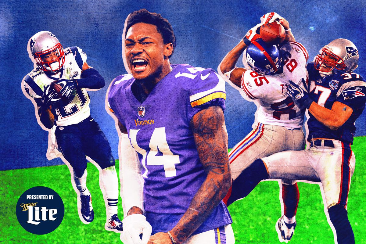 A collage of NFL players including Malcolm Butler, Stefon Diggs, and David Tyree and Rodney Harrison