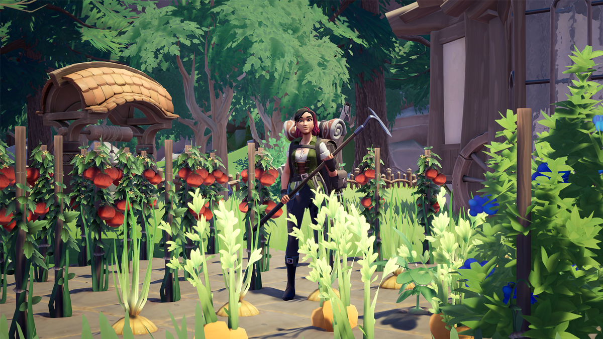 Un personaje de Palia se encuentra en medio de su jardín lleno, sosteniendo una azada.