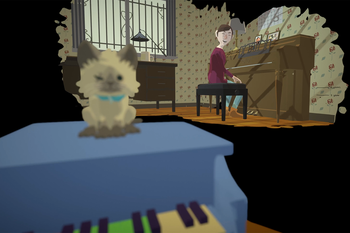 A stray kitten watches you play a small piano in Behind Your Eyes