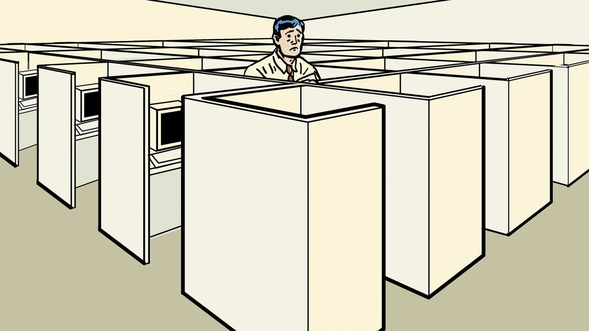 Illustration of a man’s head and shoulders seen amid rows of cubicles. 