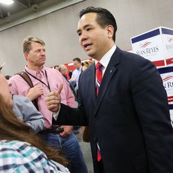 Utah Attorney General Sean Reyes talks with attendees during the Utah State Republican Convention at the Salt Palace in Salt Lake City on Saturday, April 23, 2016.