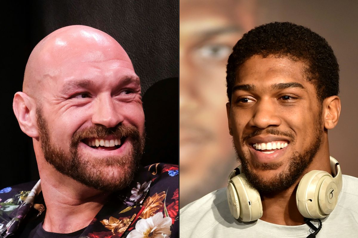 This combination of pictures created on December 14, 2020 shows Boxer Tyson Fury (L) during a press conference in Los Angeles, California on January 25, 2020, and British heavyweight boxer Anthony Joshua during a press conference in Ad Diriyah, a Unesco-listed heritage site, outside Riyadh, on December 4, 2019.