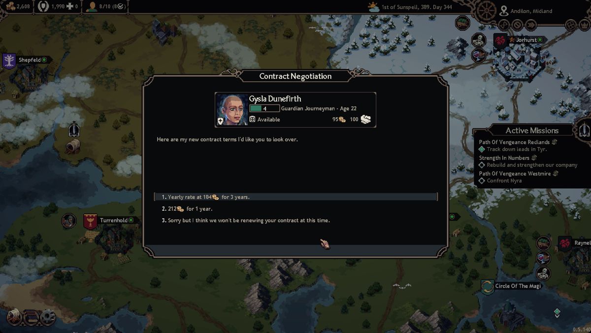 The Iron Oath screenshot showing a popup with details about a contract negotiation