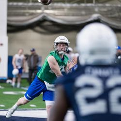 The BYU football team practices in Provo, Wednesday, March 7, 2018.