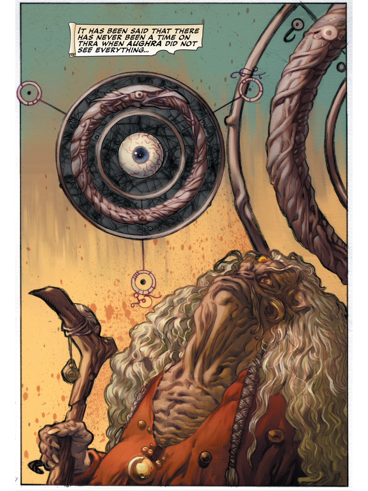 A comic panel showing Aughra and her all-seeing eye.