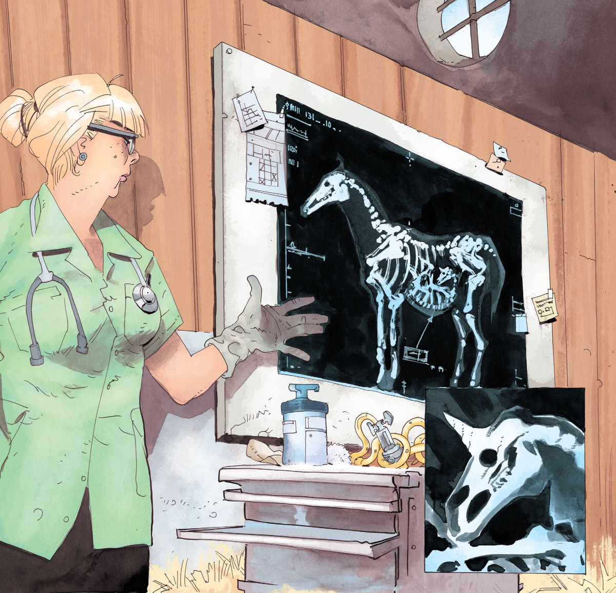 A veterinarian gestures to an x-ray of a pregnant horse. The fetus has a single spiral horn, in John Constantine Hellblazer #9, DC Comics (2020). 