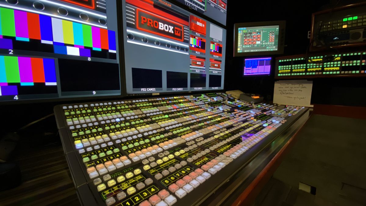 The video switcher, also commonly referred to as “the board,” used by a technical director to switch between cameras, replays, graphics, and other video sources. 