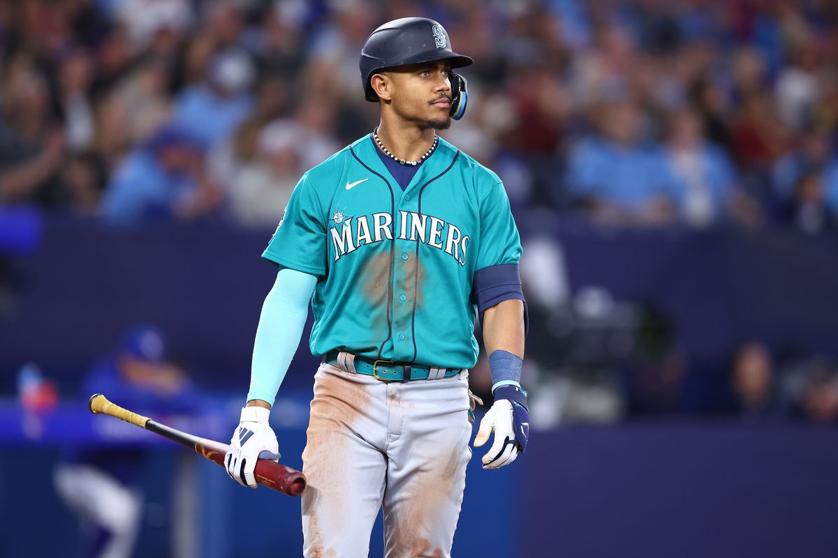 Julio Rodriguez of the Seattle Mariners bats against the Toronto Blue Jays at Rogers Centre on April 28, 2023 in Toronto, Ontario, Canada.