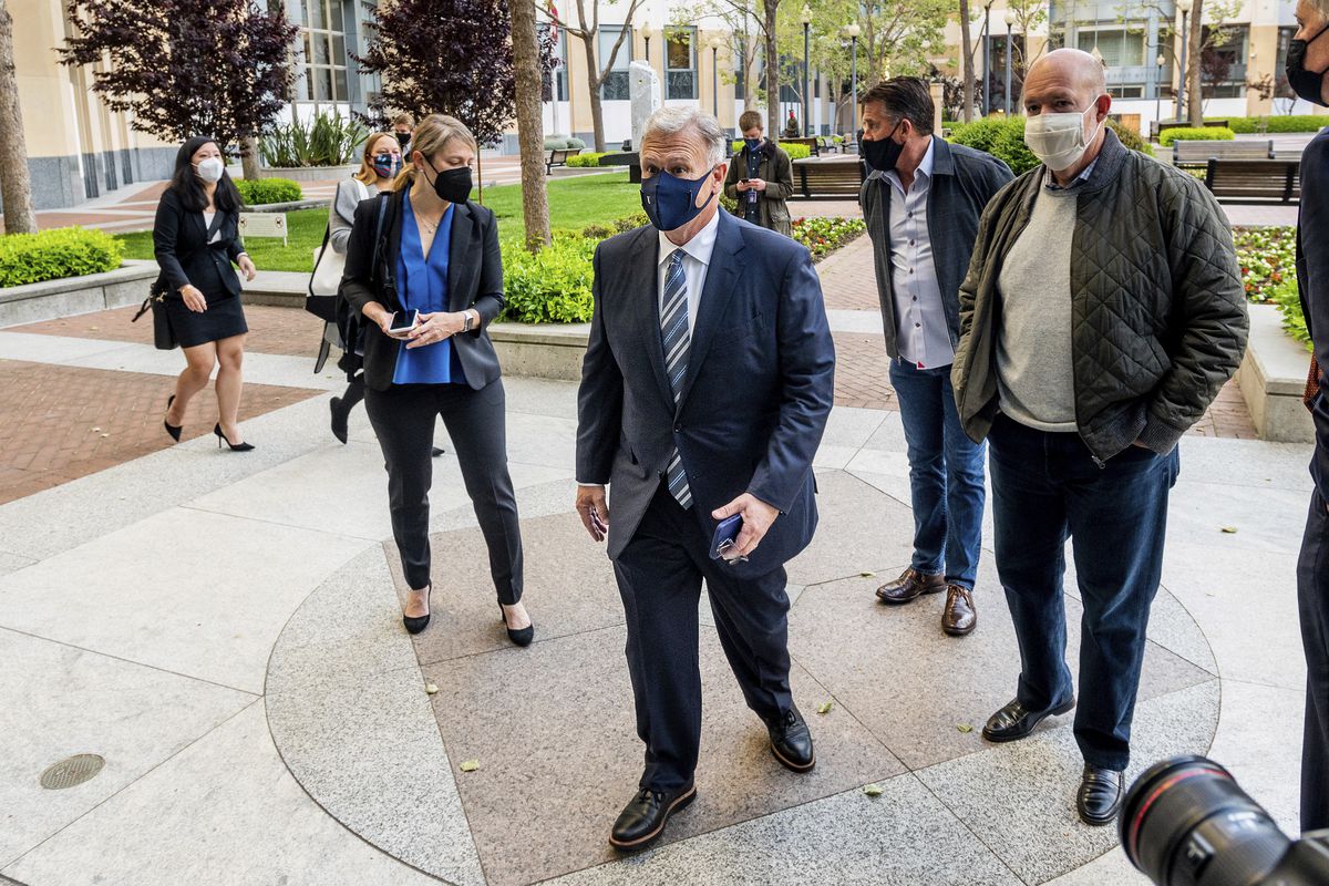 Phil Schiller, an Apple executive, enters the Ronald V. Dellums building in Oakland, Calif., on Monday, May 3, 2021, to attend a federal court case brought by Epic Games