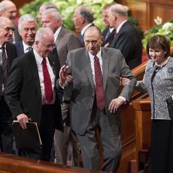 President Thomas S. Monson, and his daughter sister Ann M. Dibb exit the Conference Center in Salt Lake City following the morning session of the LDS Church’s 187th Annual General Conference on Saturday, April 1, 2017.
